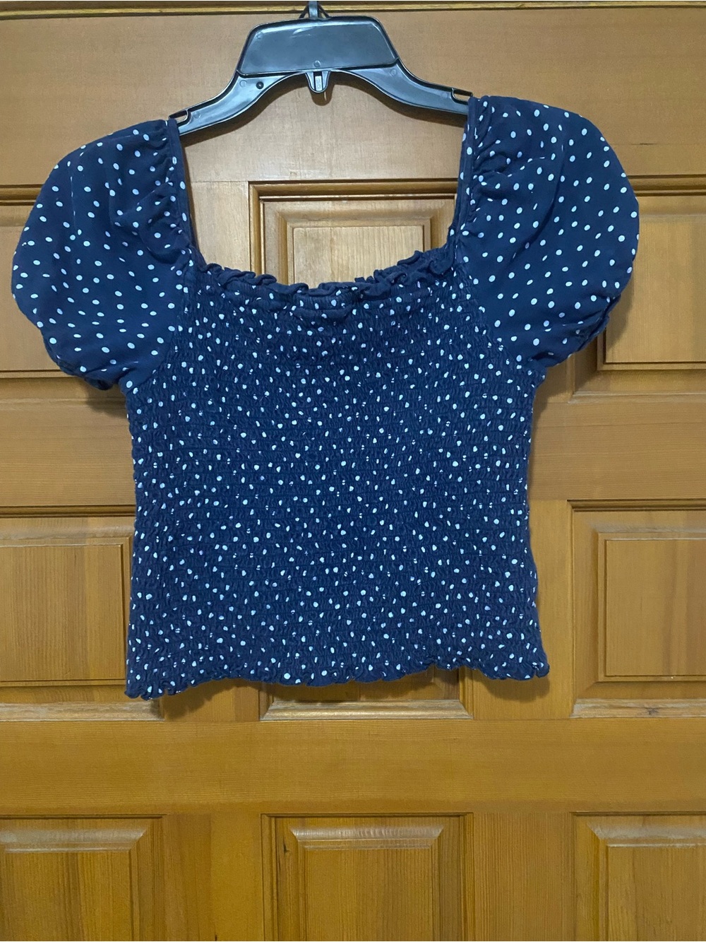American Eagle Outfitters Navy Polka Dot Smocked Puff-Sleeve Crop Top